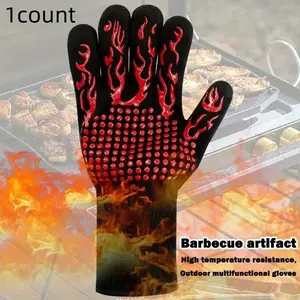 Heat Resistant Silicone BBQ Gloves, Anti-Cut Non-Slip Grilling Mitts, Oven Mitts, Ideal for Kitchen, Camping & Cooking, Fireproof Insulated Glove
