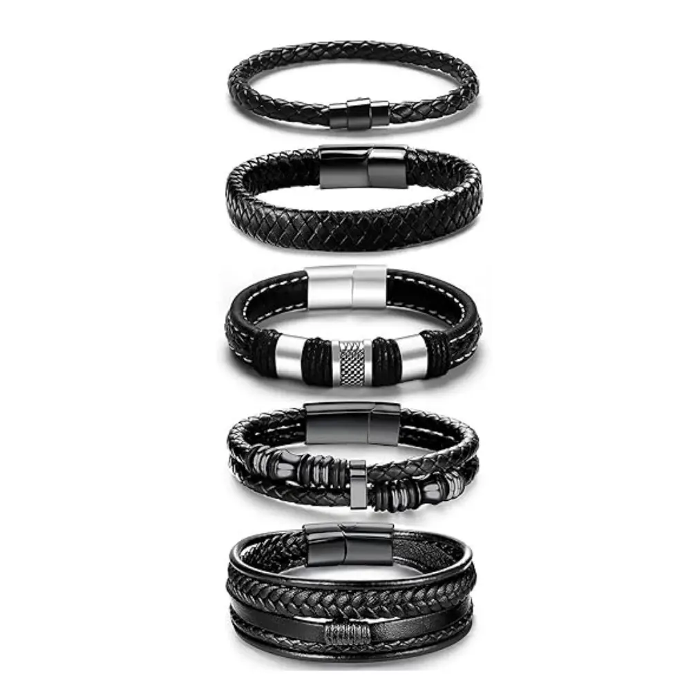 5 Pcs Punk Braided Leather Bracelets for Men Women Cuff Wrap Wristbands Adjustable
