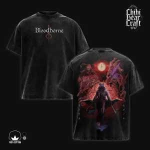 Bloodborne The Hunter Shirt Father Gascoigne Vicar Amelia Ludwig Blood Moon Masterpiece Art Vintage Washed Oversized T-Shirt Hoodie Soulsborne Gaming Graphic Tee Faded Dark Red Fantasy Streetwear Y2K Merch Gift For Game Fan Clothes