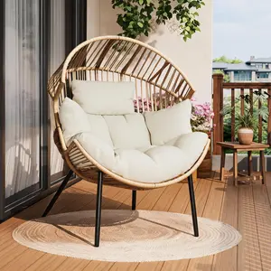Oversized Patio Egg Chair – Cozy Ergonomic Wicker Rocker with Plush Pillow & Thick Cream Cushion – Indoor/Outdoor Garden, Bedroom, or Backyard Lounge Seating – Handwoven Wicker Frame