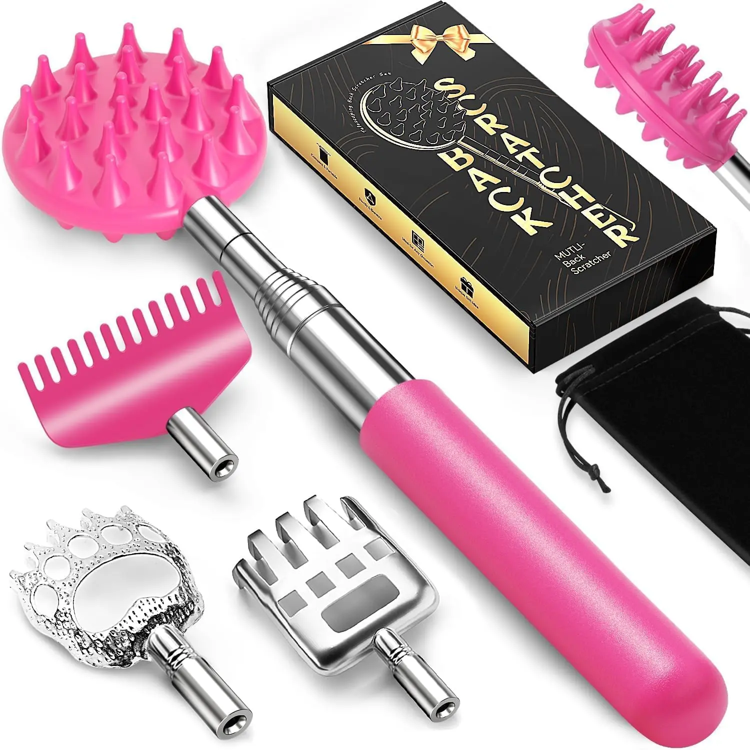 TUKUOS Telescoping Back Scratcher with 5 Detachable Scratching Heads, Rubber Handles, Anniversary Birthday Gifts for Men Women Pink Back Scratcher for Men/Dad/Women/Adults Body Care Tool Back Stretcher