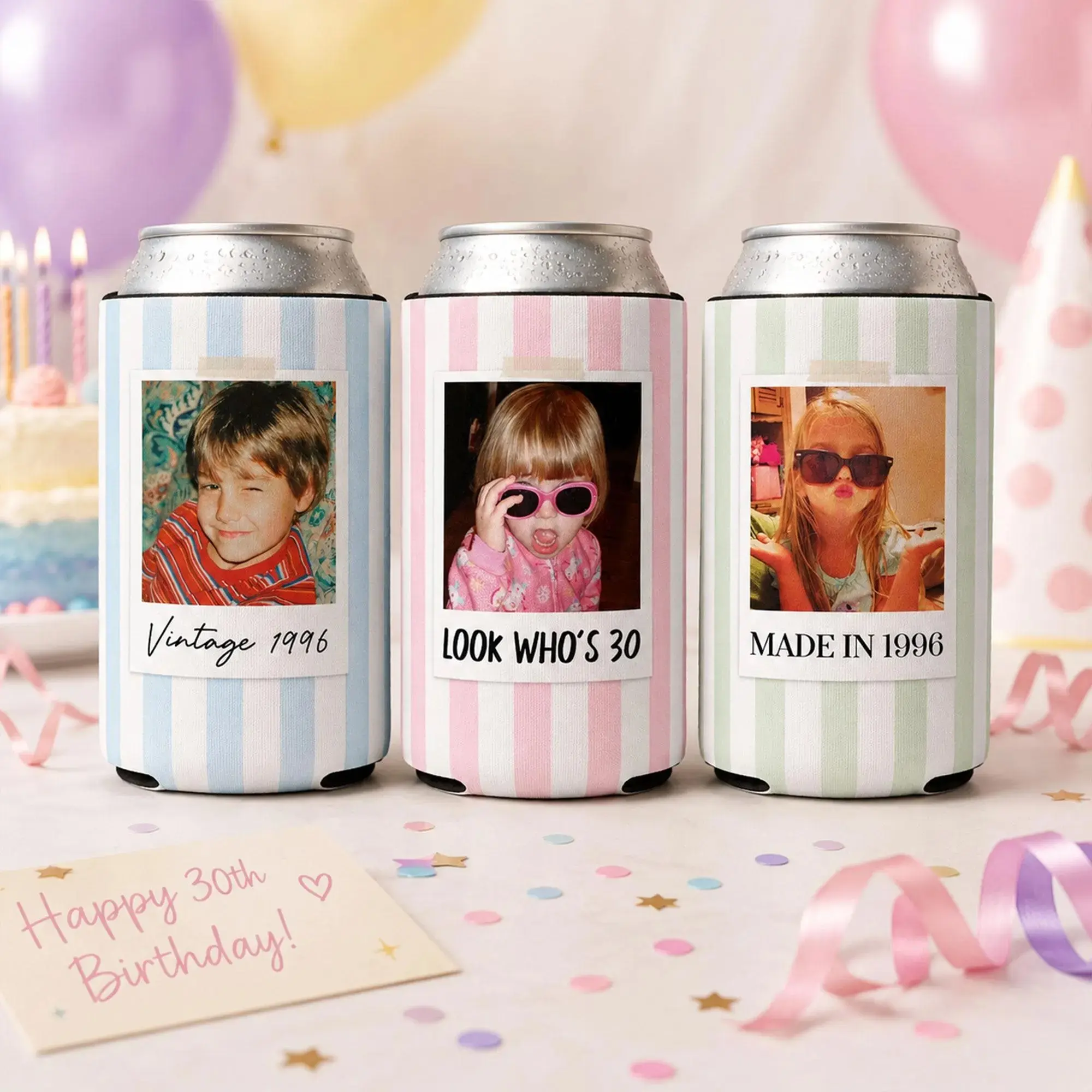 Personalized Childhood Photo Birthday Can Cooler, Custom Photo Drink Holder, 30th 40th Birthday Party Favor