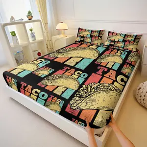 Retro Taco Block Print Fitted Sheet Set, Bold Mexican Food Theme, Soft & Breathable Microfiber, Ideal for Bedroom, Dorm, Guest Room
