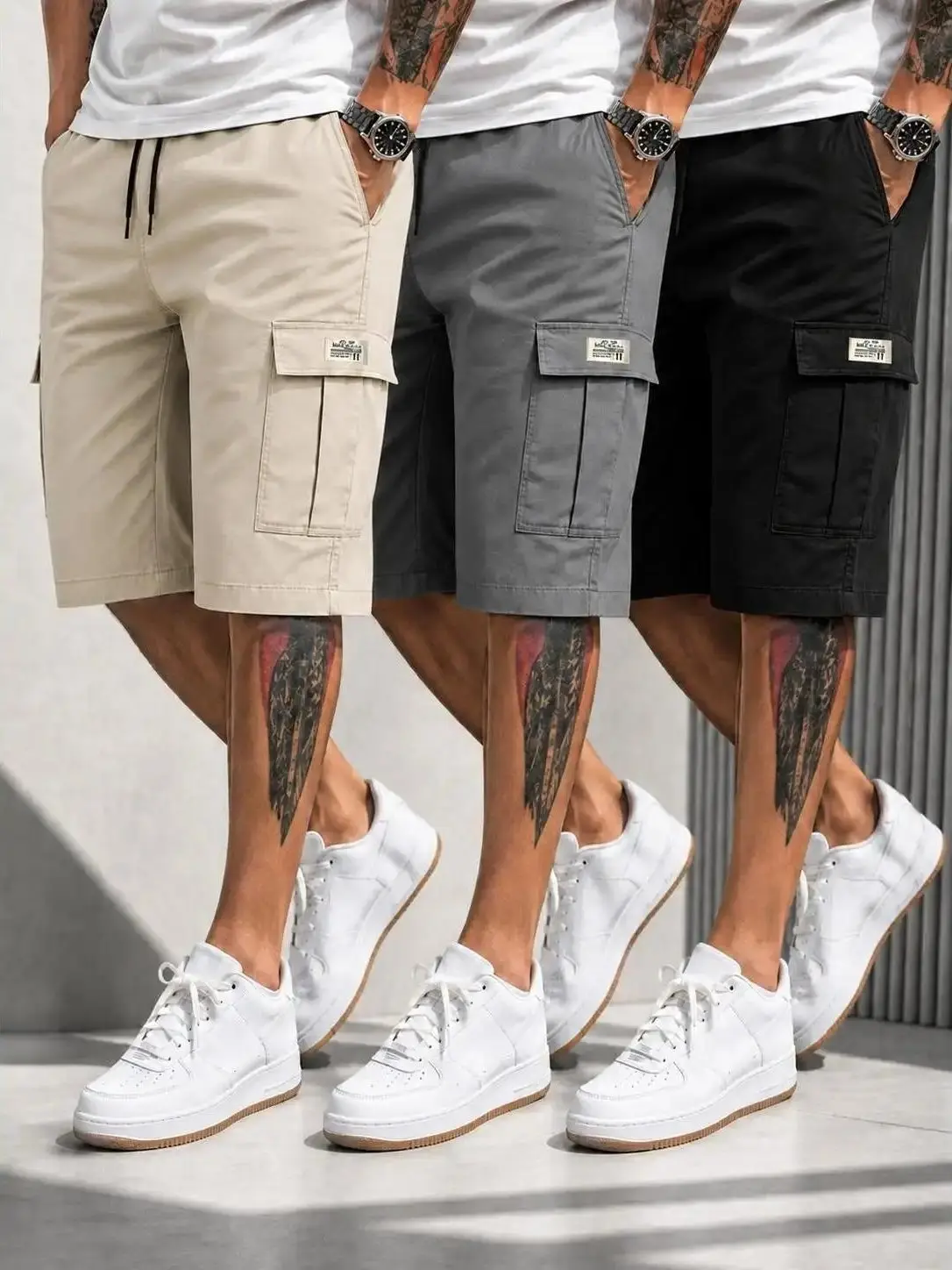 Men's Fitted Matching Shorts Set - Casual Summer Drawstring Color-Mixed Shorts, Lightweight Breathable, Slanted Multipocket, Versatile Everyday Beach Gym Wear Brown, Black, Green, Pink, Color-Mixed Men's Shorts, Fitted Men's Sh,regula