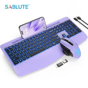 SABLUTE KM22 Ultra Backlits Wireless Keyboard and Mouse(non-bluetooth) , Wrist Rest, Rechargeable Keyboard with Phone Holder, Silent Light Up Combo