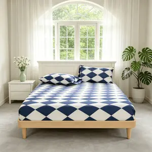 Blue Plaid 3-piece Digital Printed Bedding Set, includes 1 fitted sheet and 2 pillowcases (pillow inserts not included), suitable for home and dormitory use