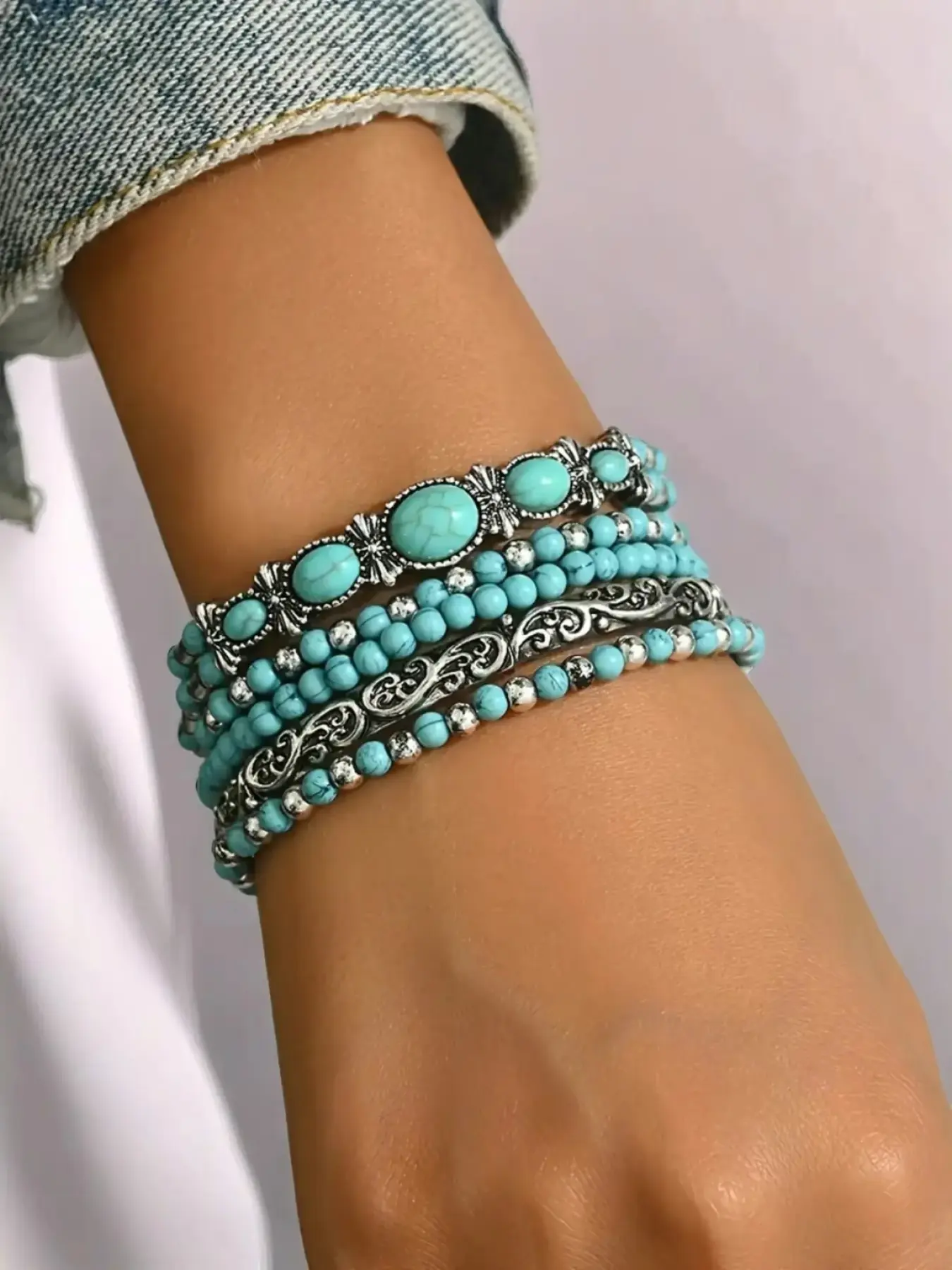 Boho Turquoise Stackable Bangle Bracelets Set, 5-Piece High Quality Vintage Western Beaded Jewelry, Party Beach All Seasons Ethnic Boho Bohemian Style