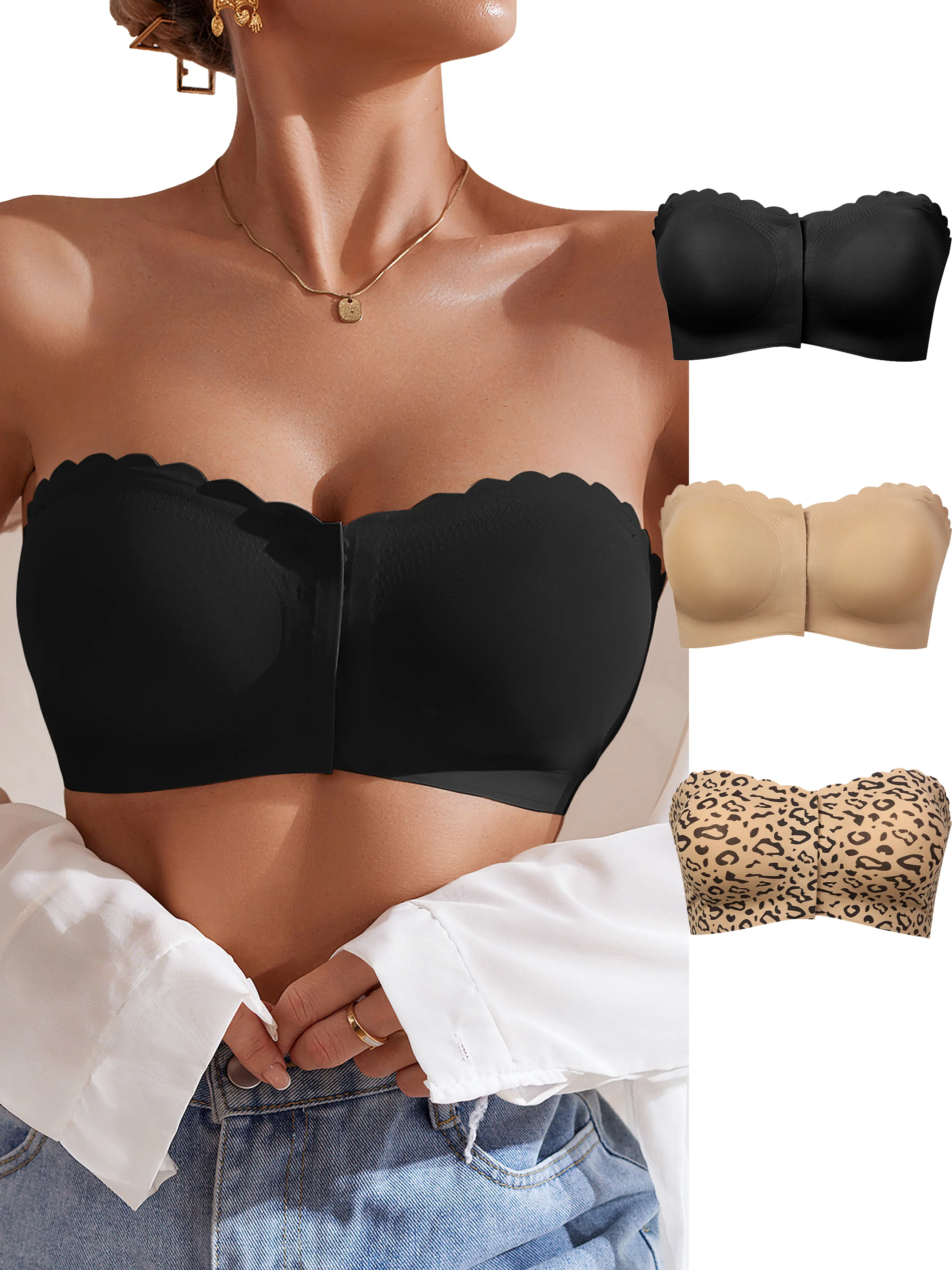 SHARICCA Front Closure Strapless Bra, Seamless Wireless Push Up, Non Slip Silicone With Clear Straps, Breathable Comfort Underwire Free