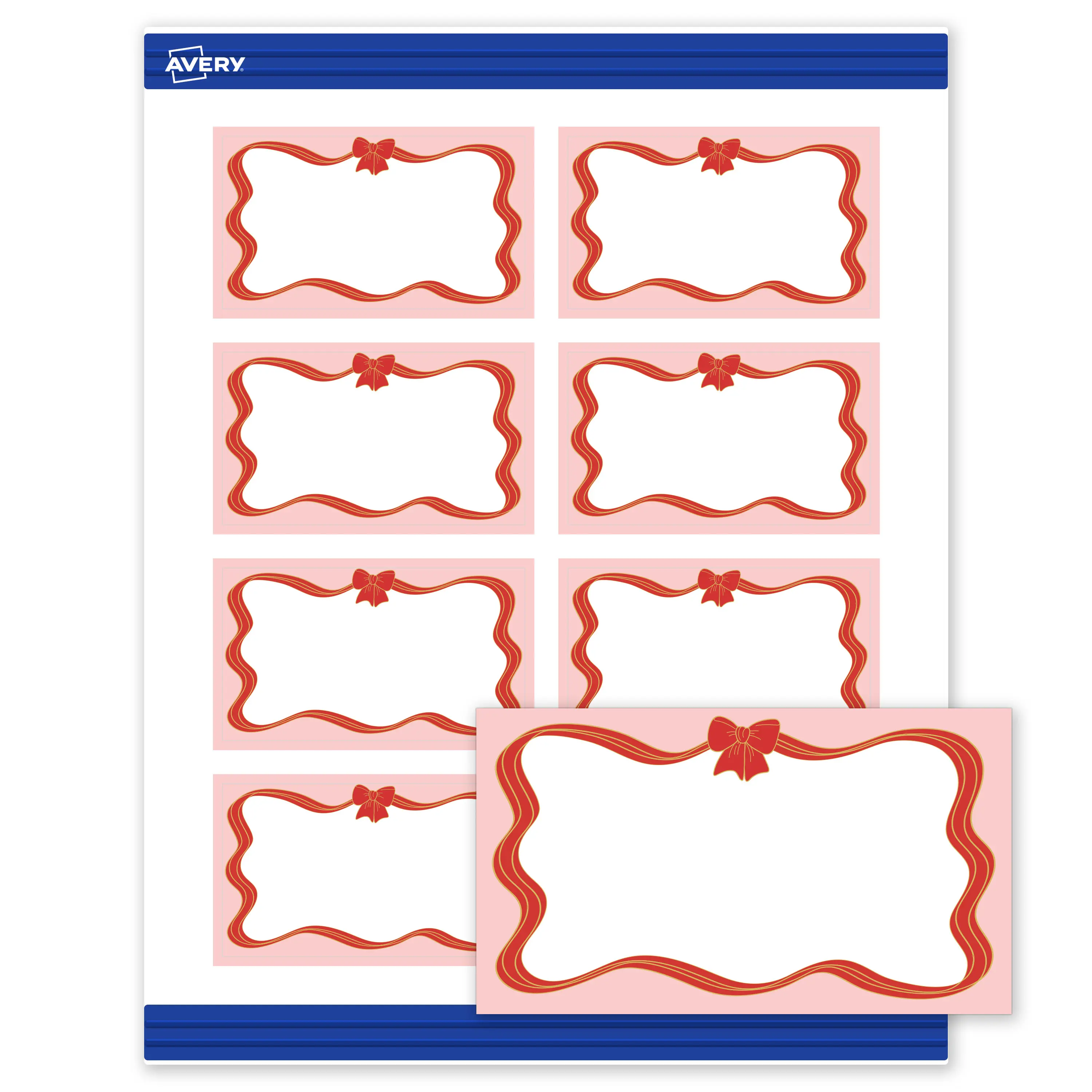 Avery® Printable Christmas Business Cards with Sure Feed® Technology, Rectangle, 2" x 3-1/2", Pre-Printed Pink Border with Red & Gold Bow Design, Matte White, Laser & Inkjet Compatible, 80 Total