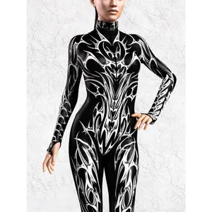 Black Spandex One-Piece Yoga Swim Fitness Sportswear Women's Halloween Anime Expo Party Adult Cosplay Costume Clothes Sleeve