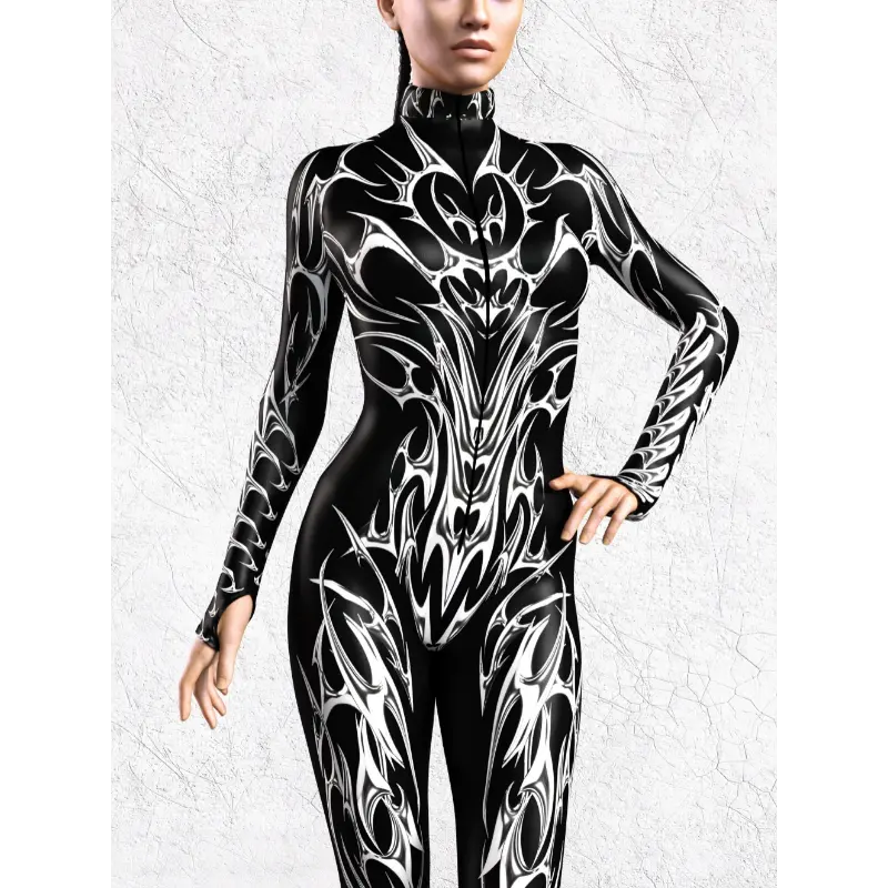 Black Spandex One-Piece Yoga Swim Fitness Sportswear Women's Halloween Anime Expo Party Adult Cosplay Costume Clothes Sleeve