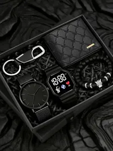 Men's Watch Gift Box Set, Ultra-Thin Quartz Watch, LED Digital Display, Leopard Beaded Bracelet, Luxury Keychain, Leather Wallet, Wristwatch