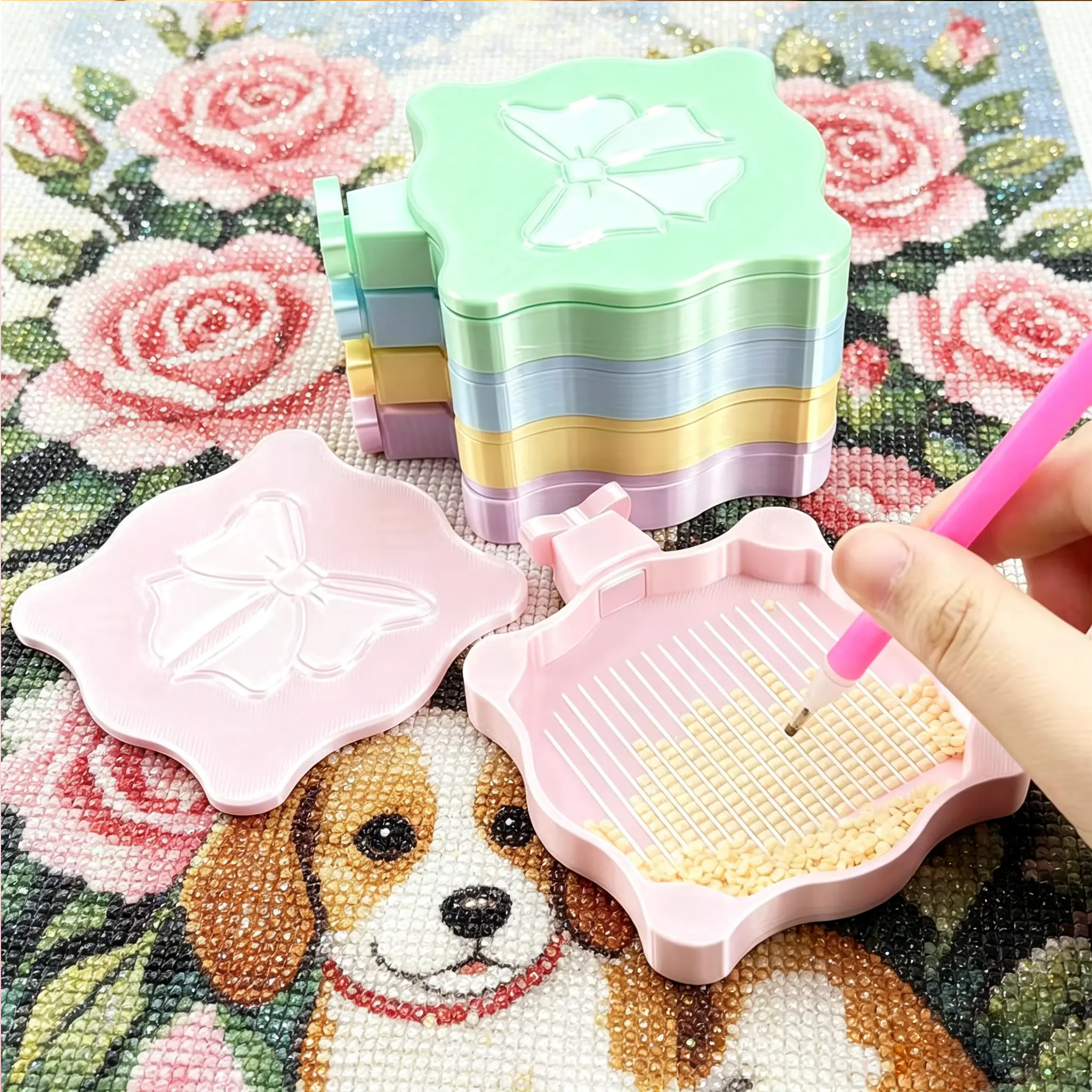 1Pc Cute Bow-Shape Magnetic Diamond Painting Tray with Separate Lid, Craft Accessory for Easy Sorting and Storage
