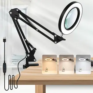 1pc LED Magnifying Glass Desk Lamp - with Adjustable Arm, 5X LED Reading Lamp with Base& Clamp, 3 Color Modes, Lighting Modes Adjustable, USB Powered, Compact Design for Reading, Crafting, Repairs and Precision Tasks - Battery Not Included (Black)