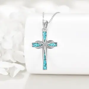 Unisex Simple Cross-Shaped Turquoise Stone Pendant Cross Necklace, Daily Fashion Costume Jewelry, Religious Gift for Women, Summer Vibe Accessory
