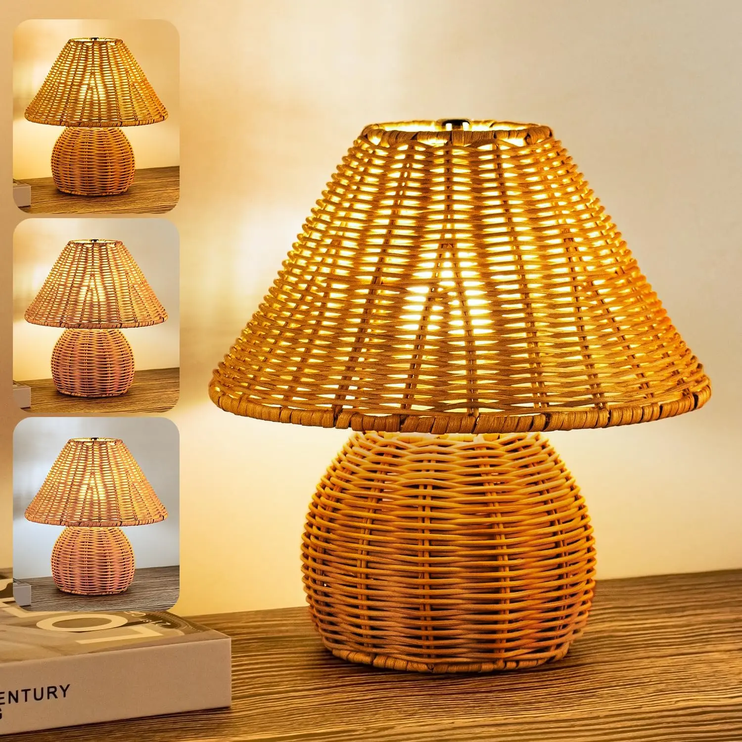 [Summer Finds] Boho Rattan Nightstand Dimmable Table Lamp - Handwoven Bamboo Light with 3-Color Dimming, Wood Base, USB Port, Dimmable Warm White, Night Light for Bedside Table, Room Decor, House Decor | Camping Essentials