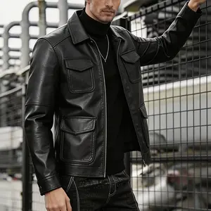 Black lapel workwear-style PU leather jacket, featuring multi-pocket design and tailored fit, retro and tough, combining practicality and texture, ideal for autumn/winter daily commute and light business wear.