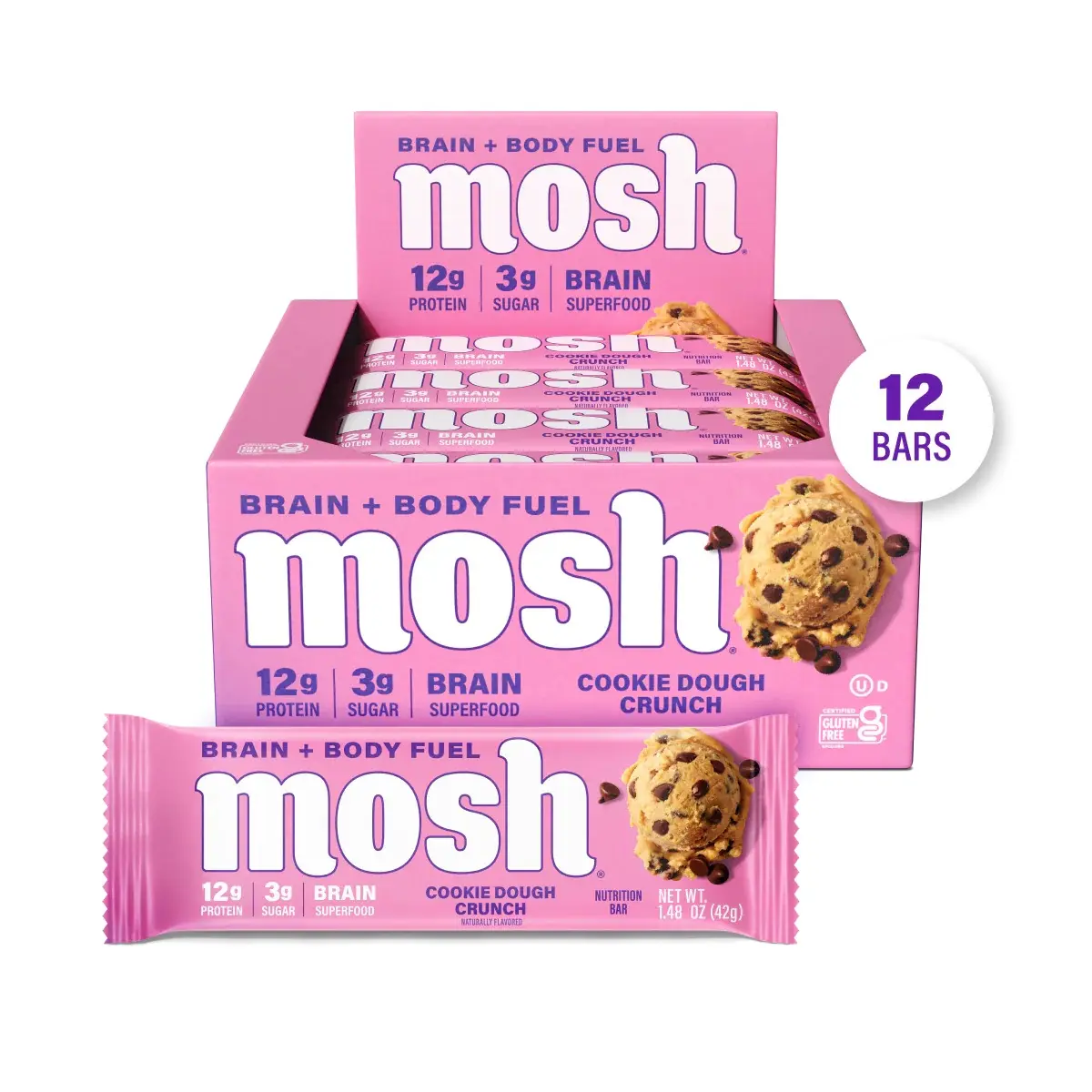 MOSH Chocolate Chip Cookie Dough Crunch High Protein Bars - 12-Count Protein Treats, Lower Sugar, High Fiber, Keto-Friendly, Gluten Free, 6+ Brain Nutrients Including Cognizin, 12 Months Shelf Life, Mission-Focused Giving-Back Snack,summerwins