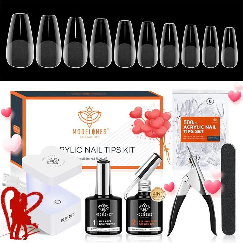 Modelones Nail Tips Kit 500Pcs Soft Gel Nail Tips 4 In 1 Nail Glue with uv lamp nail-clipper dehydrate ， GEL-X at home Extension Set Manicure Nail Art