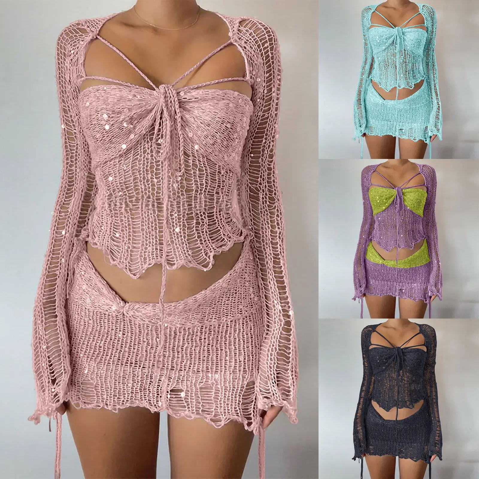 Women's Fashion 2-Piece Sequin Dress Set, Sexy Hollow Out Crochet Knit Tube Top & Mini Skirt Bottoms with Flare Sleeves for Vacation, Tshirt, Casual, Fabric