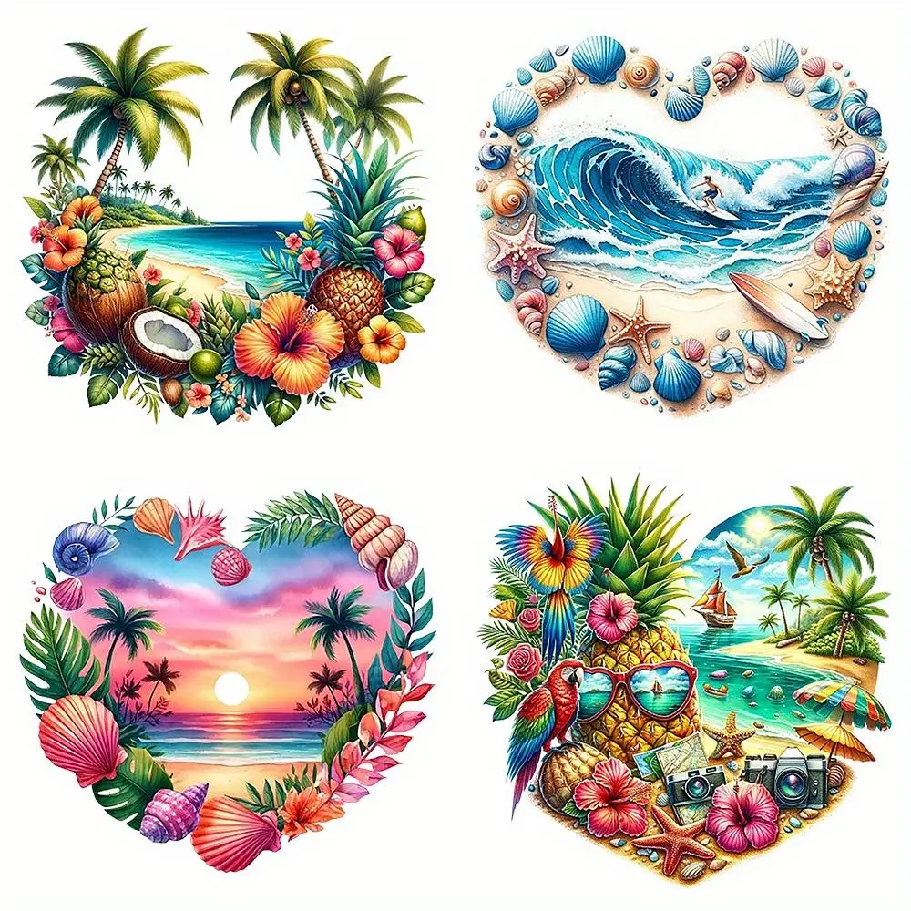 Tropical Beach Themed Iron-on Transfer Sticker, 4 Counts/set Vibrant Palm Tree & Wave & Tropical Fruit Designs for DIY Clothing, T-shirts, Backpacks, DIY Material, Crafts, Diy Craft Supplies