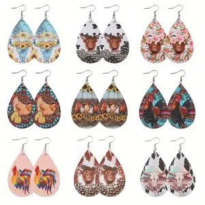 9pairs Earring jewelry Set, Vintage Retro Western Farm Cute Chicken Cow Charm Pendant Earrings, Women's PU Leather Double-sided Earrings, Ethnic Pastoral Earrings Jewelry Gift