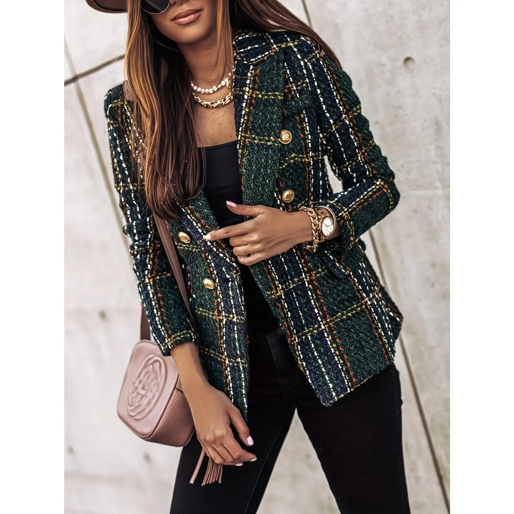 1pc Elegant Tartan Polyester Blazer for Women - 95% Polyester 5% Spandex, Long Sleeve, Double Breasted, Regular Length, H-Contour, Button Detail, Office Jacket for Spring/Fall