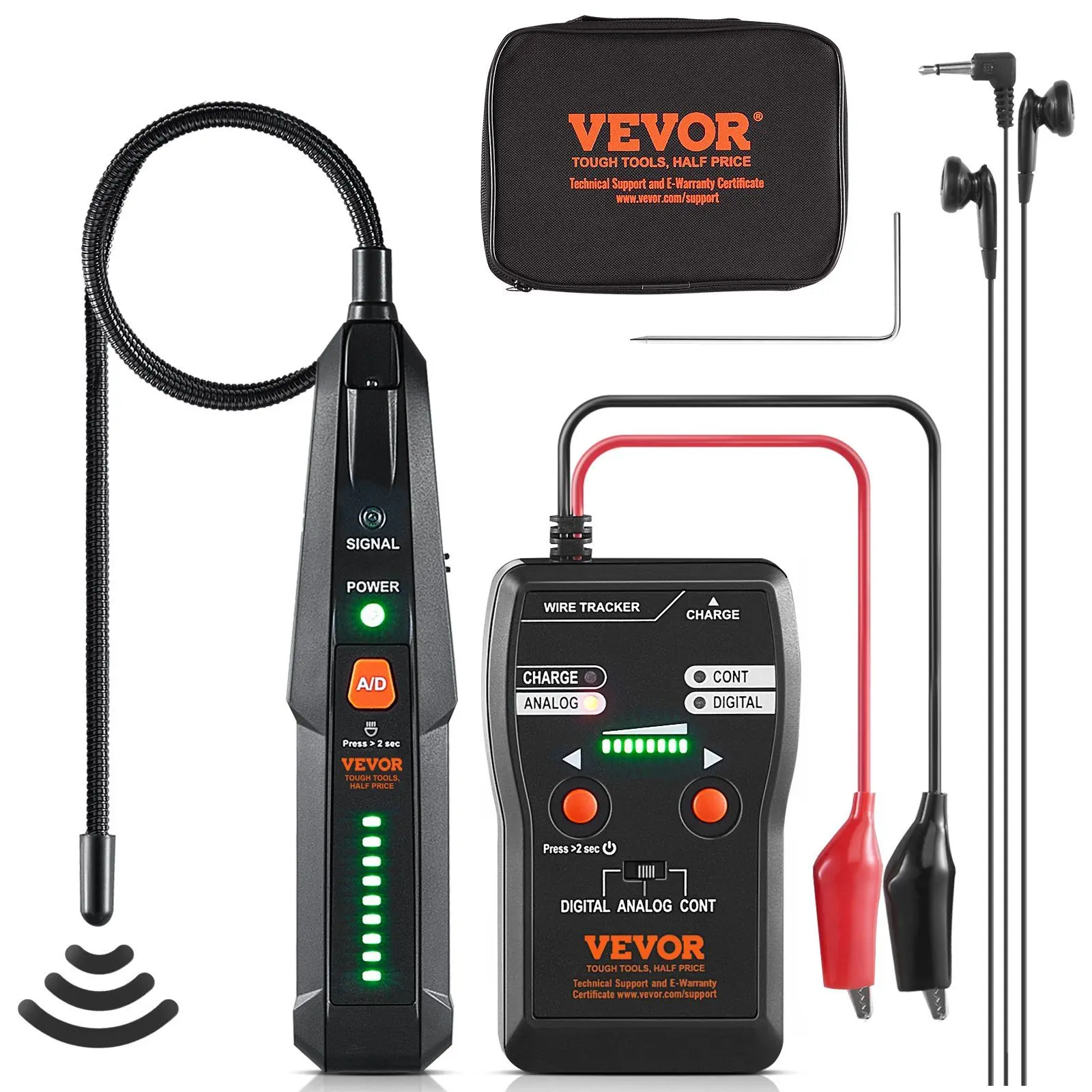 VEVOR Underground Cable Locator with Headphones & Accessories, 6.5 FT Max Detection Depth, 3280 FT Max Detection Length Wire Tracer, 24V or Below Cable Tester for Pet Fence, Buried Sprinkler Valve (Includes Batteries)