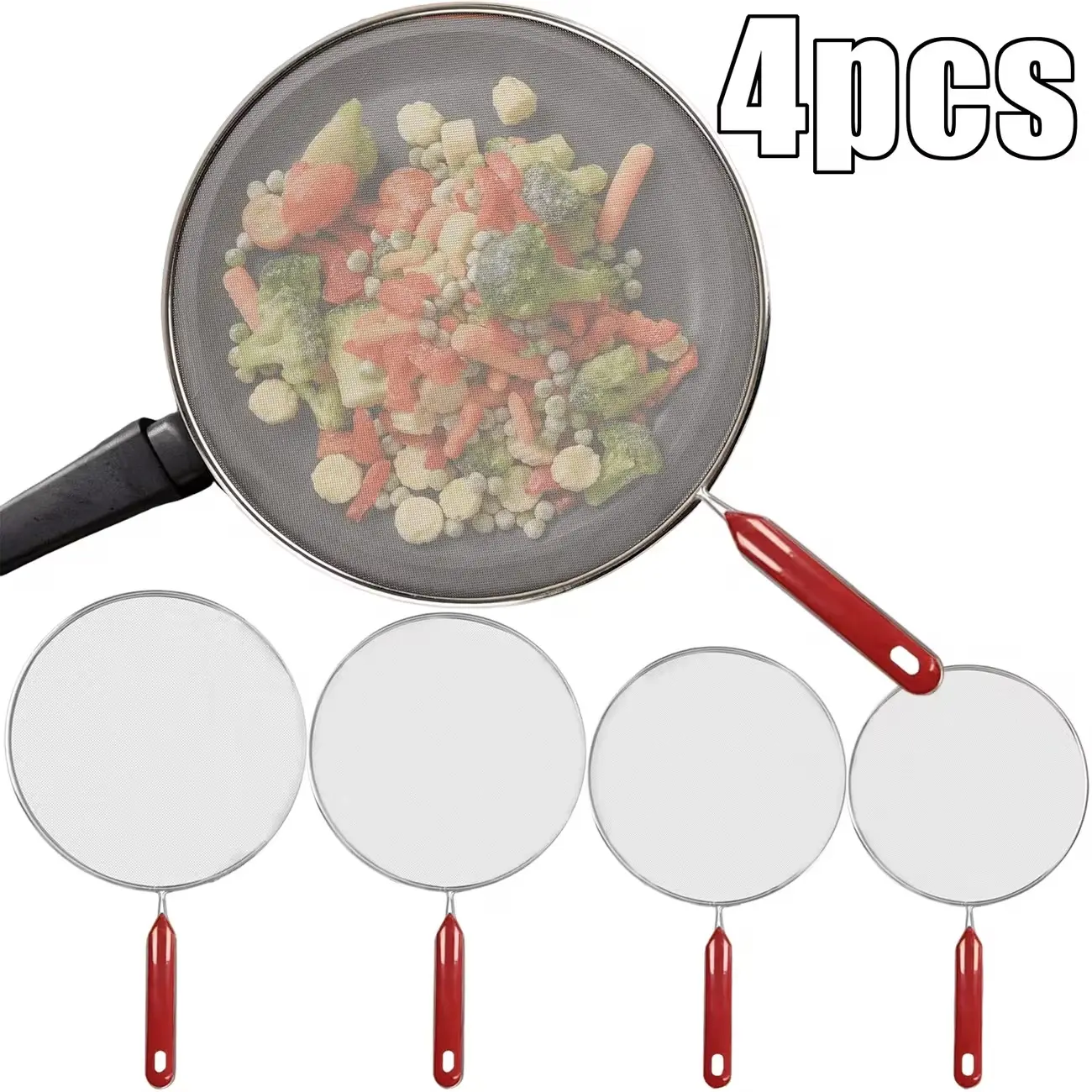 4Pcs Stainless Steel Fine Mesh Splatter Screen Set(13/11.5/10/8Inch), Red Comfort Grip Handle Oil Splash Guard, Durable Grease Shield for Frying Pans & Cooking Pots, Anti-Splash Kitchen Accessory to Block Hot Oil for Daily Home Cooking
