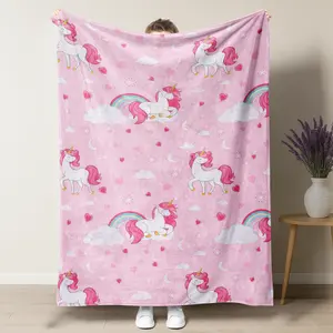 Pink Unicorn Rainbow Flannel Blanket,Cute Clouds & Hearts Cozy Flannel for Kids Bedroom for Toddler Nursery Decor,Magical Gift for Girls,Rainbow Clouds Magical Flannel Throw for Toddler Nursery & Girls Gift