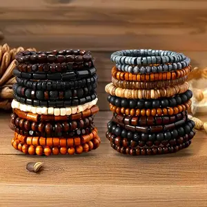 24 Piece Set Wooden Bead Bracelets, Boho Stretch Bracelet Set, Unisex Fashion Jewelry Stack, Multi-Color