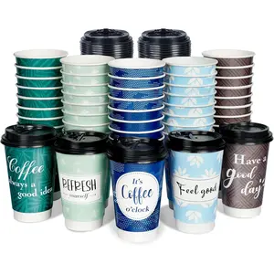 Disposable Coffee Cups with Lids 16 oz, 50 Pack Double-Walled Fun Designs, Insulated, Hot Beverage Paper Cups for Cold & Hot Drinks