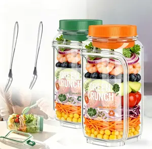 2Pcs Portable Salad Storage Jar Container &Fork,with Leakproof Dressing Compartment,with Sticker,Environmentally Friendly Plastic Materials,Microwave/ Dishwasher/Freezer Safe,Suitable for Outdoor, Work,FitnessPortable,Keeps Food Fresh,Kitchen, Mason Jar