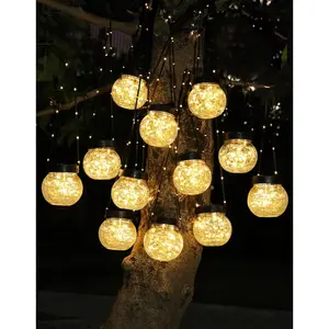 Solar Lights Outdoor  12-Pack, Solar   Lantern Cracked Glass  Globes for Yard Decor Christmas Decoration, Shepherd Hook, Garden Tree Table Ornaments, Warm