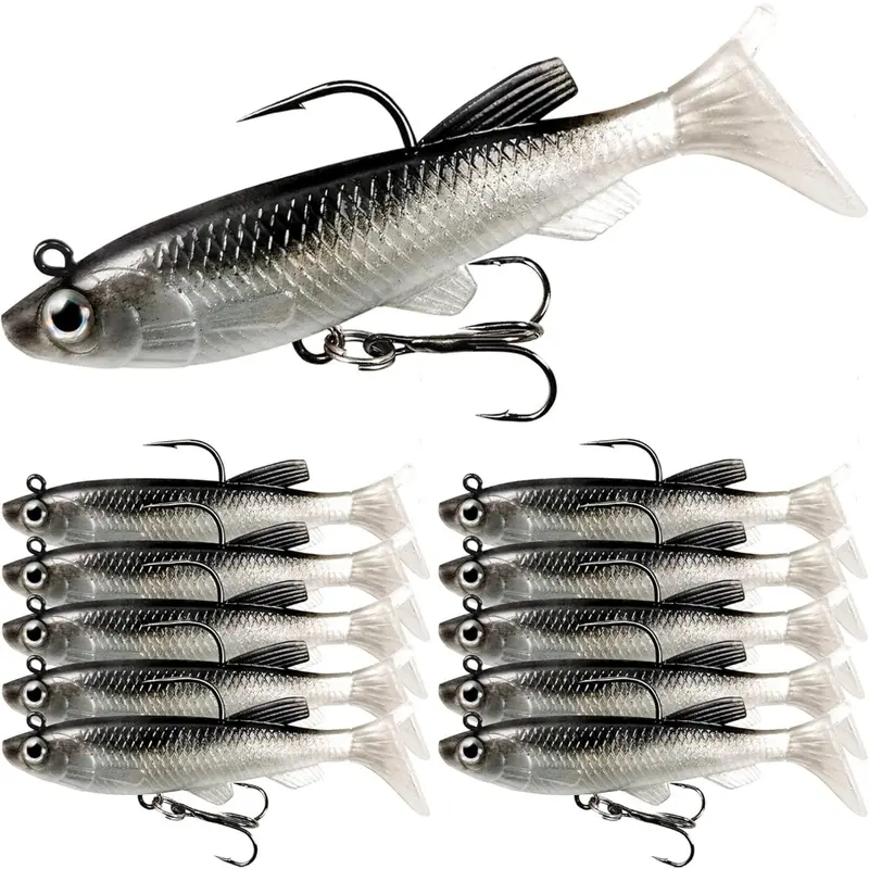 10 Pcs Fishing Tackle Kit - Bass Lures, Jig Head Swim Shad, Soft Plastic Paddle Tail Swimbaits, Sinking Trout Baits, Sink-Action Accessory for Saltwater/Freshwater Angling