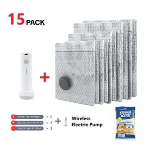 PE Compressed Storage Bags for Travel - 15-Pack 3-Size Cordless Resealing Suction Vacuum Bags Set, USB Rechargeable Handheld Pump with Built-In Battery, Waterproof Reusable Space-Saving Organizer for Clothes, Carry-On Suitcases