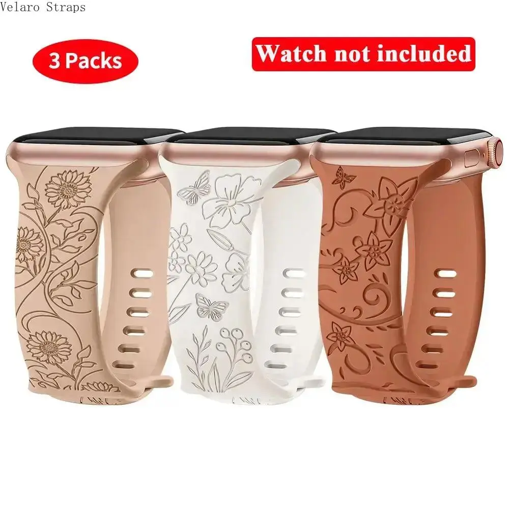 Silicone Watch Bands for Women with Flowers Print, 3-Pack Soft Breathable Wearable Straps for most smartwatches, Durable, Tool-Free, Smartwatch Compatible Bands, Sporty, Athletic, Soft Silicone, Floral, Wearable Tech Accessories, Multicolor, 3-Pieces