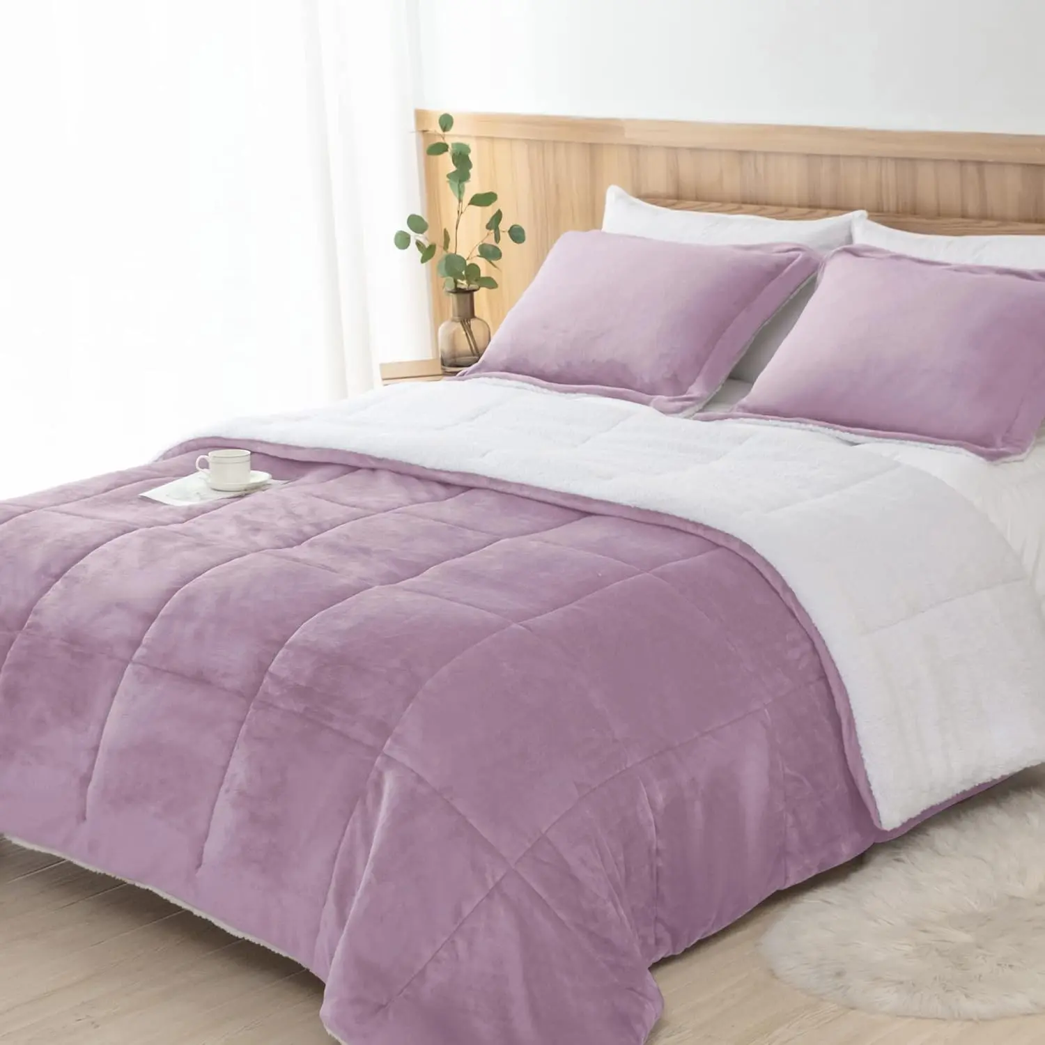 Lavender Purple Fuzzy Sherpa Comforter Set King Size, Fall Winter Comforter Sets 3 (1 Comforter and 2 Pillow Shams)
