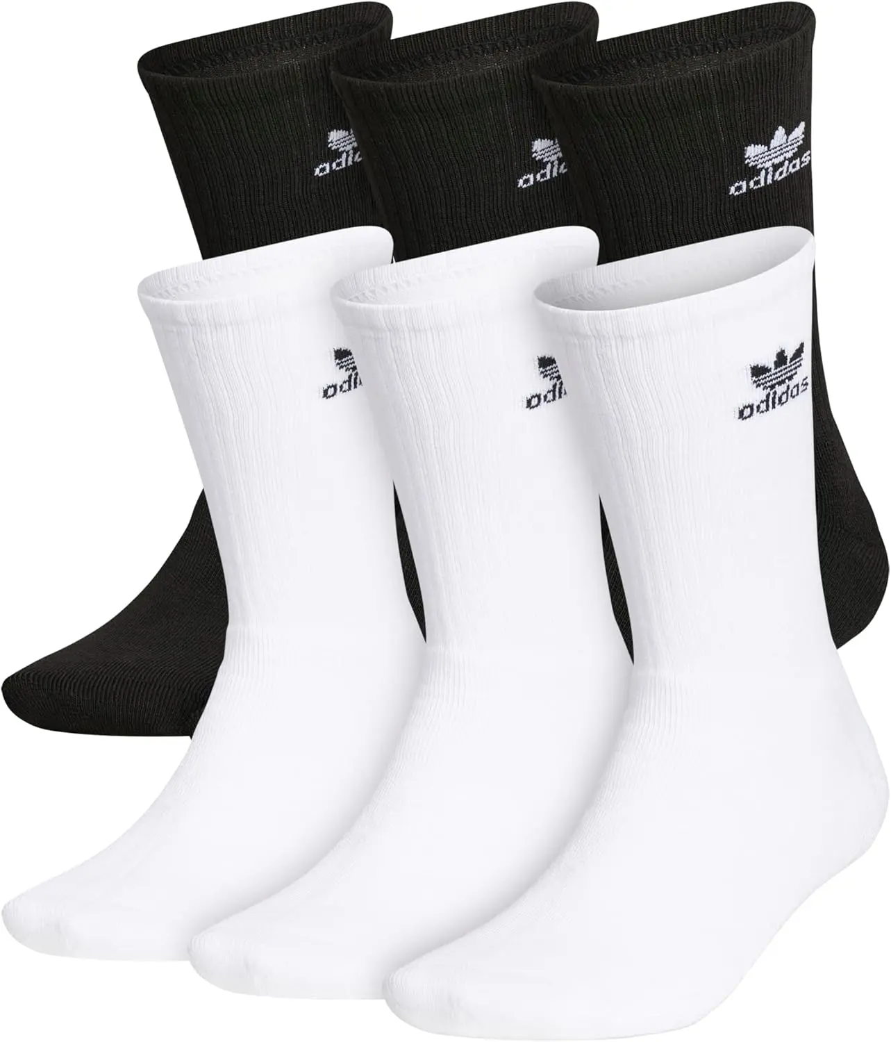 adidas Trefoil Cotton Blend Crew Socks, 6-Pair, Black and White, Sports Socks (Model BH6437)