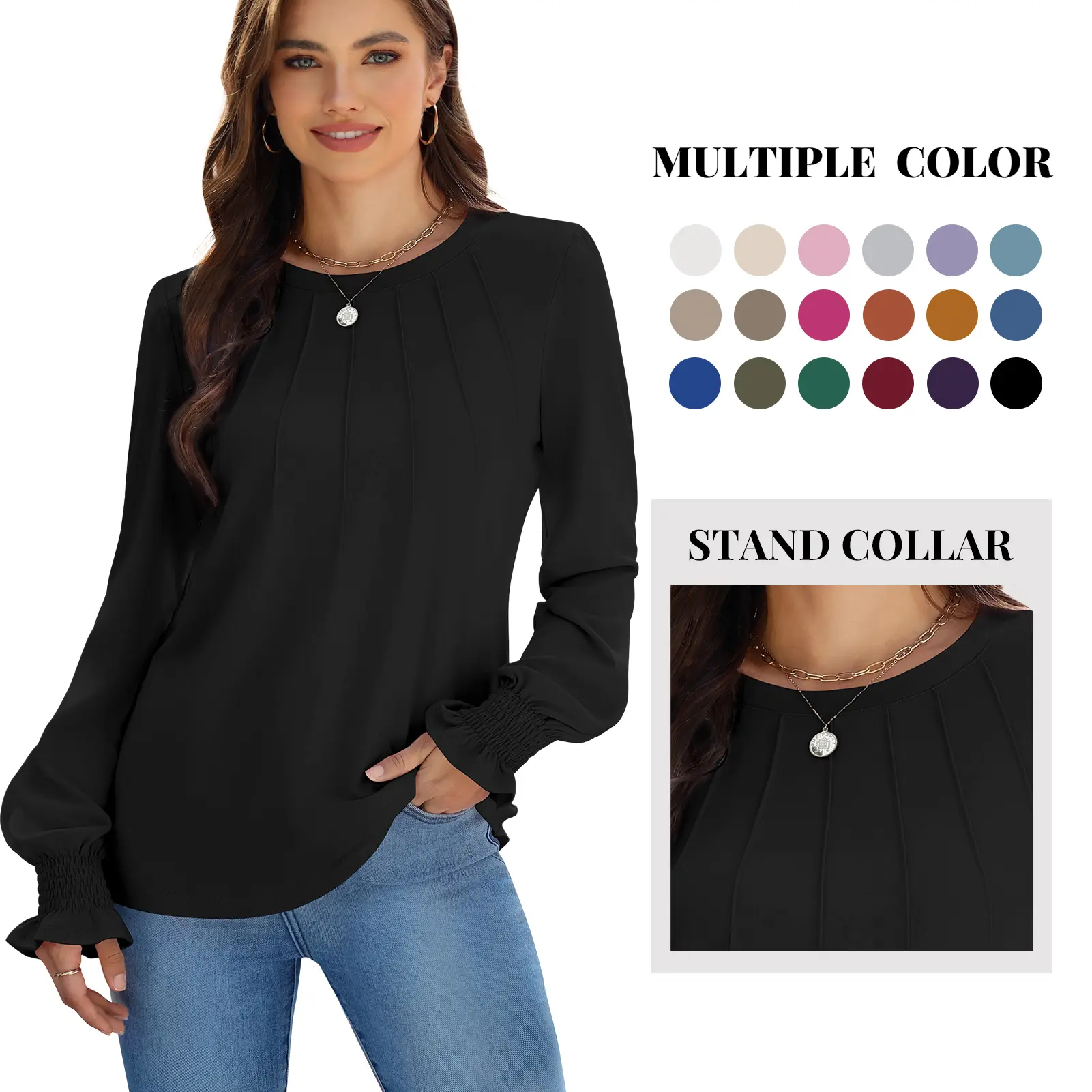 Women's Cute Knitted Tunic Top with Long Puff Sleeves and Pleated Front for Dressy Casual Office and Everyday Wear