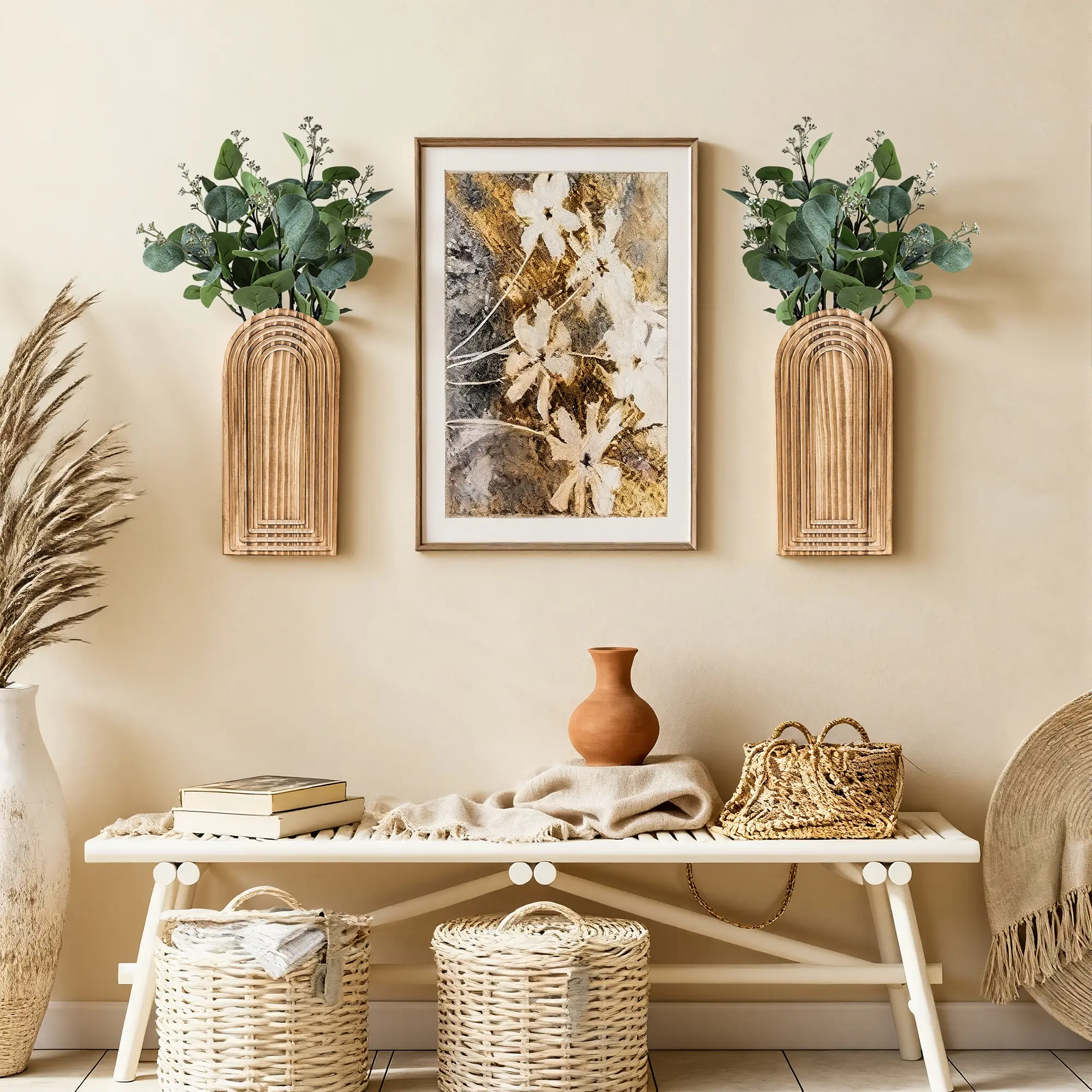 Ivydale 2 Pack Wooden Wall Vases with Fake Plants, Wall Hanging