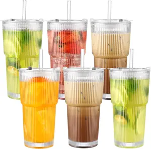 20oz Thickened Ribbed Glass Tumbler Set (6/8Pack) | with Lids & Straws | Clear Aesthetic Cups for Coffee, Smoothies, Cocktails & Juices