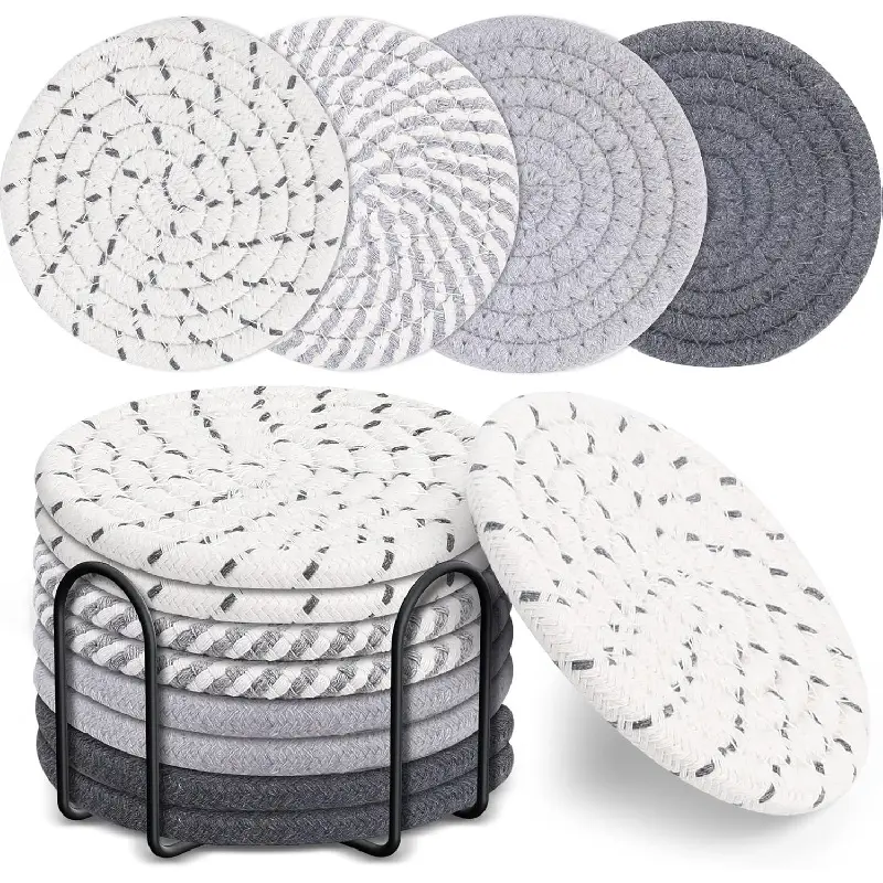 8 Pcs Drink Coasters with Holder, Absorbent Coasters for Drinks, Minimalist Cotton Woven Coaster Set for Home Decor Tabletop Protection Suitable for Kinds of Cups, 4.3 Inches. Material Cleaning