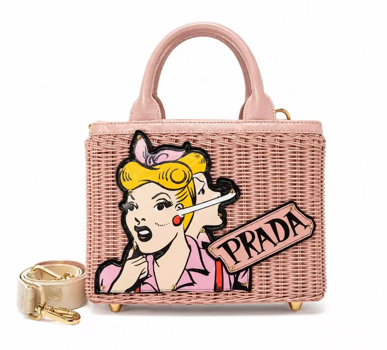 Pre-owned PRADA rattan with leather Tote Bags Comic Print Wicker/Rattan Basket Tote Bag – Pink 4000044690409