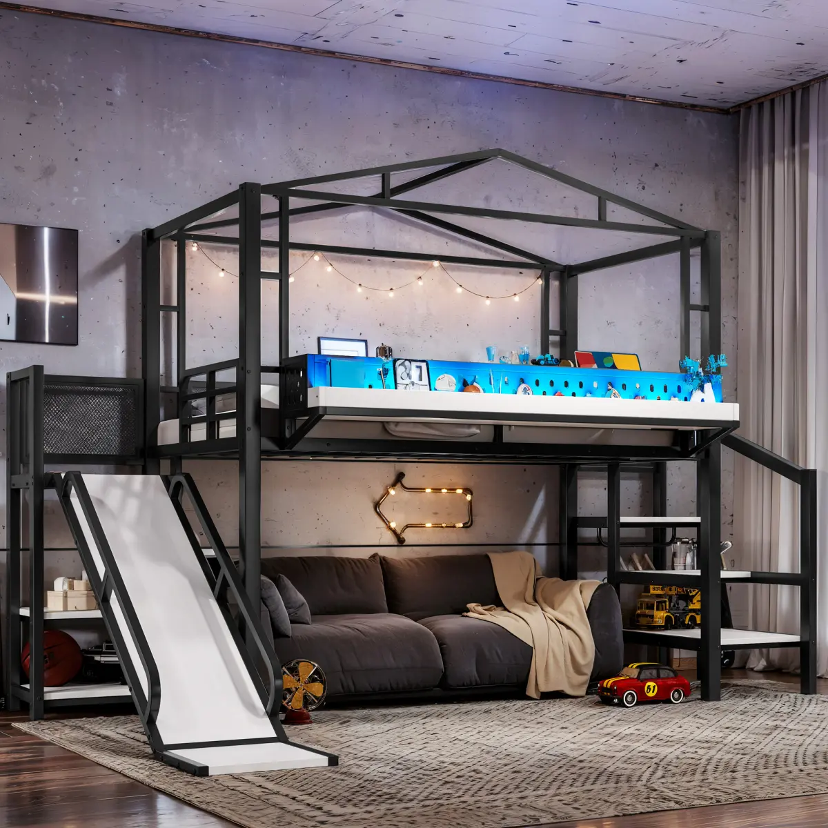 [Bellemave] Twin/Full Metal Loft Bed with Slide & Storage Stairs, USB Ports & LED Lights, Shelves and Built-in Wardrobe, Noise-reduced Design