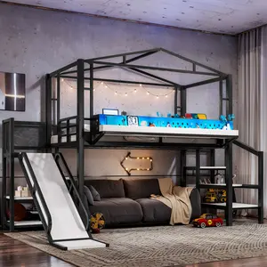 [Bellemave] Metal Loft Bed with Slide & Storage Stairs, USB Ports & LED Lights, Shelves and Built-in Wardrobe, Noise-reduced Design