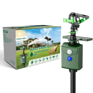 Motion Activated Animal Repeller with Water Sprinkler Solar & USB Dual Charging IP65 Waterproof Outdoor Deterrent 4-Level Sensitivity Adjustable Nozzle