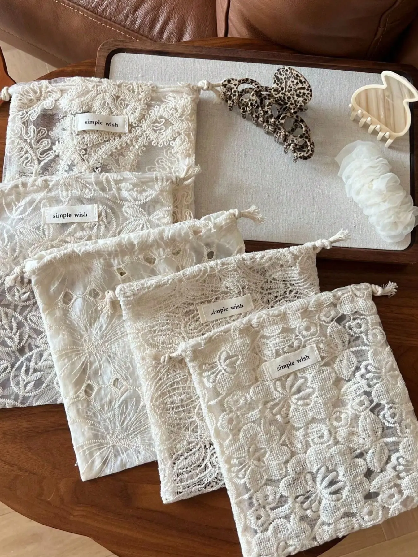 Vintage Apricot Lace Embroidered Drawstring Pouch, Delicate Floral Cotton Jewelry & Cosmetic Organizer, Romantic Gift Packaging Bag, Floral Storage Bag