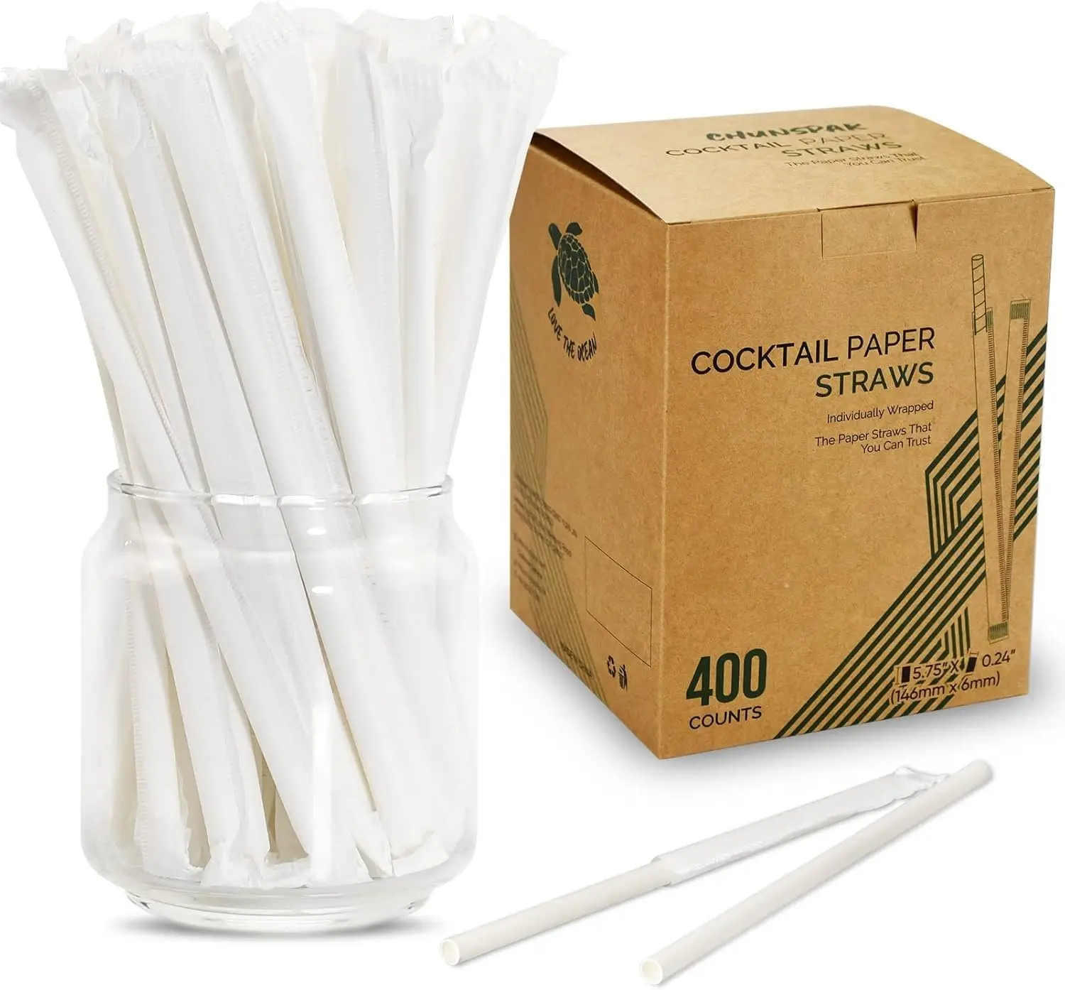 [400 Pack] Classic Plain White Wrapped Short Length Compostable Paper Straws, 5.75"x0.24" Dye-Free Sturdy Utensils for Togo Drinks, Milk Cartons, Canteen Use