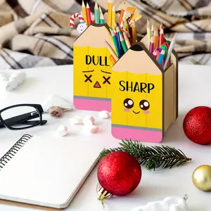 2Pcs Pencil Holder Wooden Pencil Dispenser, Crayon Shape, Cute Expression Pen Holders Back to School Dispenser Storage Organizer for Classroom Office Desk